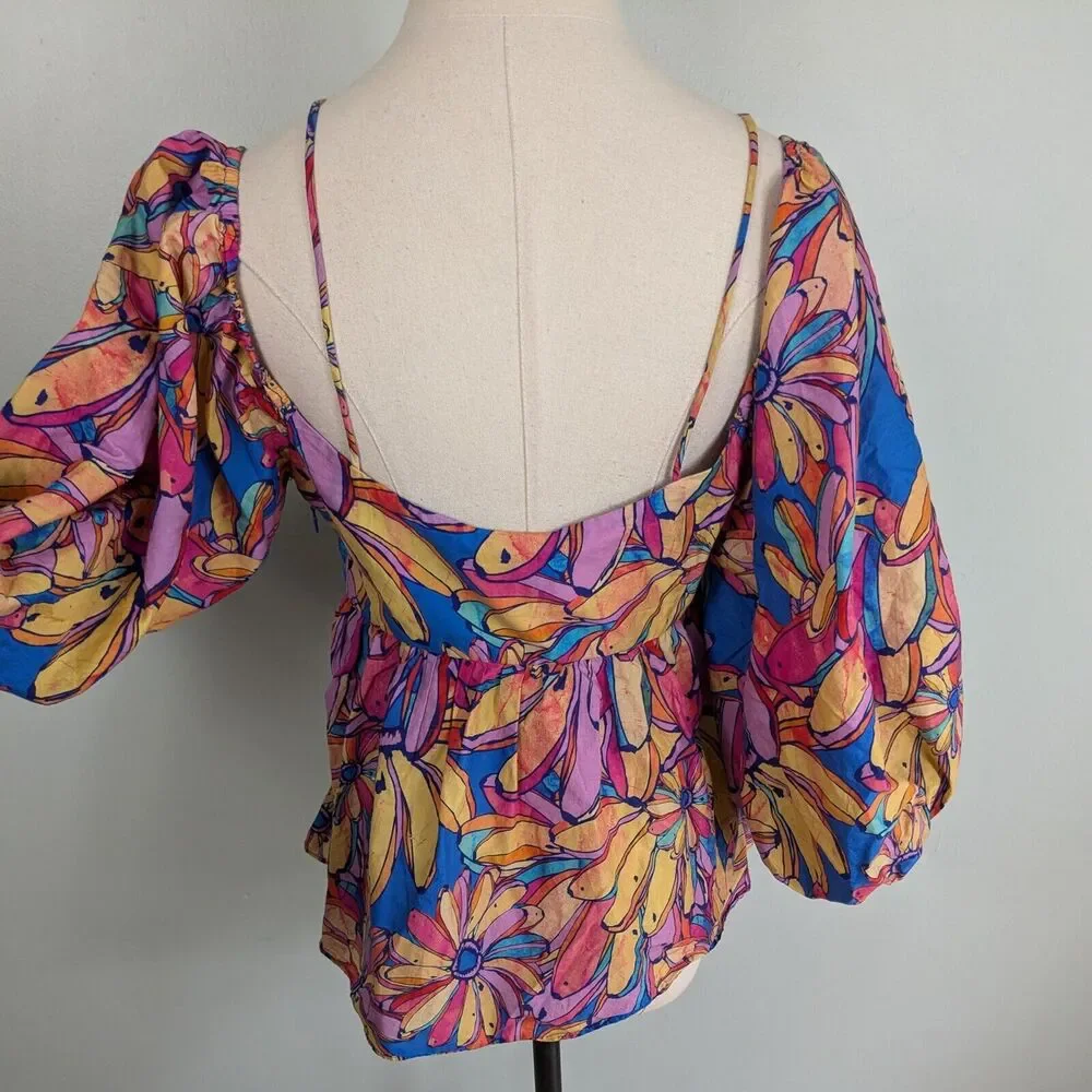 Farm Rio Top S Multicolor Floral Long Sleeve Puff Blouse Tropical Anthropologie
